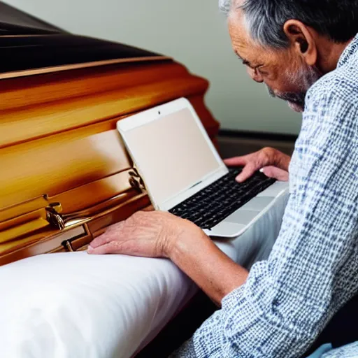 Image similar to casket with elderly man who is browsing internet on laptop from a casket