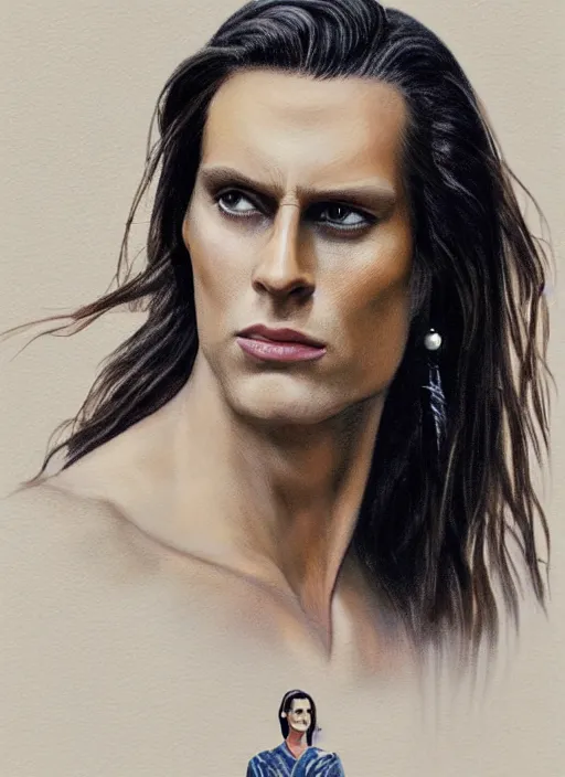 Image similar to Tarzan with long dark brown slicked back hair shoulder length slicked back hair, with pearl necklace and pearl earing, in the museum, in white turtleneck shirt, Tarzan, painting in the museum, highly detailed, sharp focus, digital painting