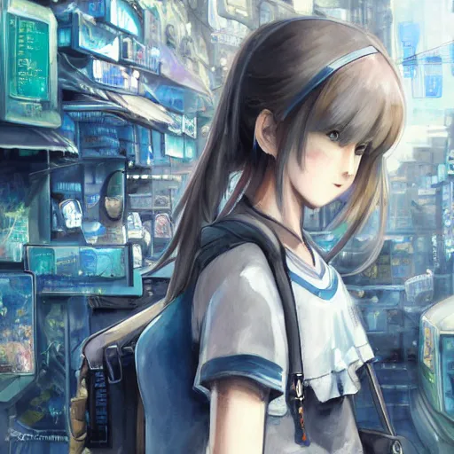 Image similar to dynamic composition, motion, ultra-detailed, incredibly detailed, a lot of details, amazing fine details and brush strokes, colorful and grayish palette, smooth, HD semirealistic anime CG concept art digital painting, watercolor oil painting of Clean and detailed post-cyberpunk sci-fi close-up schoolgirl in asian city in style of cytus and deemo, blue flame, relaxing, calm and mysterious vibes,, by a Chinese artist at ArtStation, by Huang Guangjian, Fenghua Zhong, Ruan Jia, Xin Jin and Wei Chang. Realistic artwork of a Chinese videogame, gradients, gentle an harmonic grayish colors. set in half-life 2, Matrix, GITS, Blade Runner, Neotokyo Source, Syndicate(2012), dynamic composition, beautiful with eerie vibes, very inspirational, very stylish, with gradients, surrealistic, dystopia, postapocalyptic vibes, depth of field, mist, rich cinematic atmosphere, perfect digital art, mystical journey in strange world