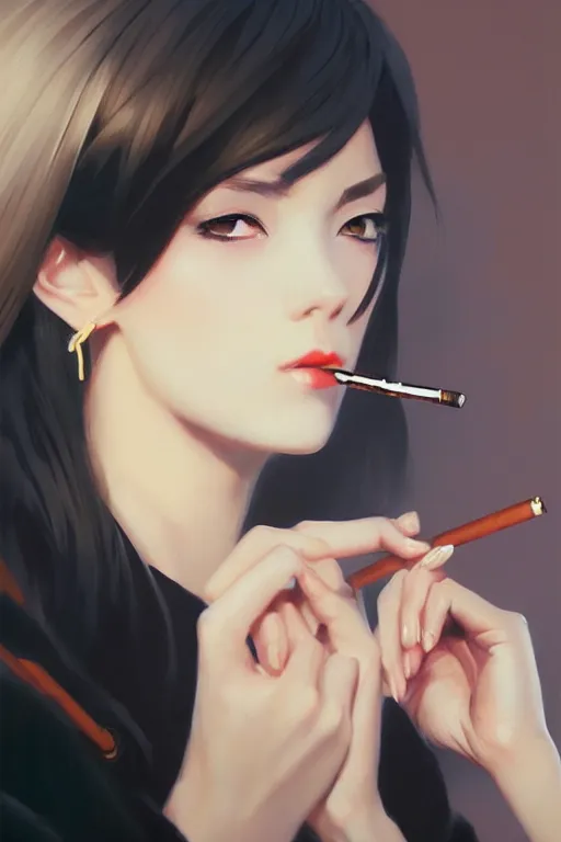 Prompt: A ultradetailed beautiful panting of a stylish woman smoking a cigarette, Oil painting, by Ilya Kuvshinov, Greg Rutkowski and Makoto Shinkai