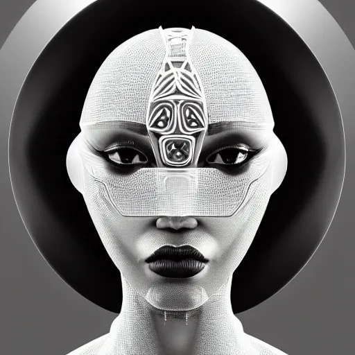 Prompt: portrait of an absurdly beautiful, graceful, sophisticated, fashionable african cyberpunk mechanoid gravure idol, ultrafine hyperdetailed illustration by irakli nadar, matt wisniewski style, marvel comics, intricate linework, black porcelain skin, neon jellyfish headdress, ivory carved ruff, unreal engine 5 highly rendered, global illumination, radiant light, detailed and intricate environment