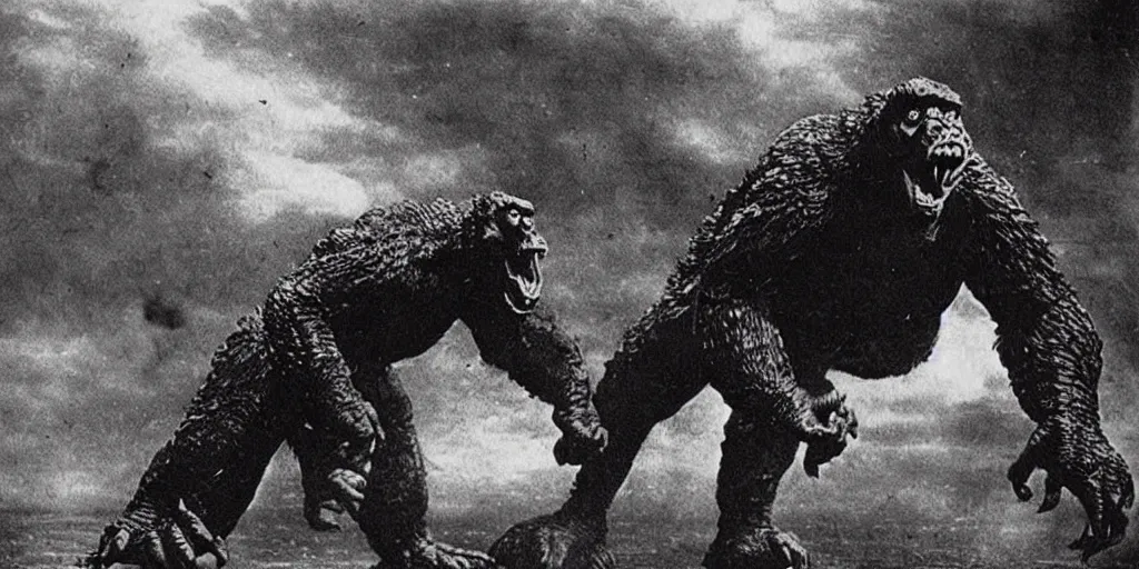 Image similar to “Godzilla fighting King Kong, 1900’s photo”