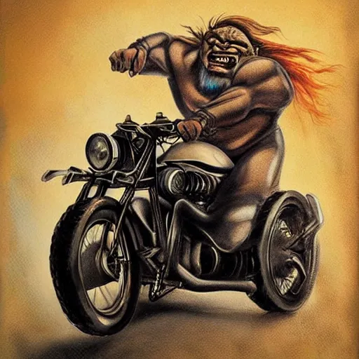 Image similar to soft airbrush art of an orc driving a motorcycle