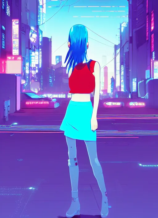 Prompt: digital illustration of cyberpunk pretty girl with blue hair, wearing a crop top and a skirt, full body pose, in city street at night, by makoto shinkai, ilya kuvshinov, lois van baarle, rossdraws, basquiat