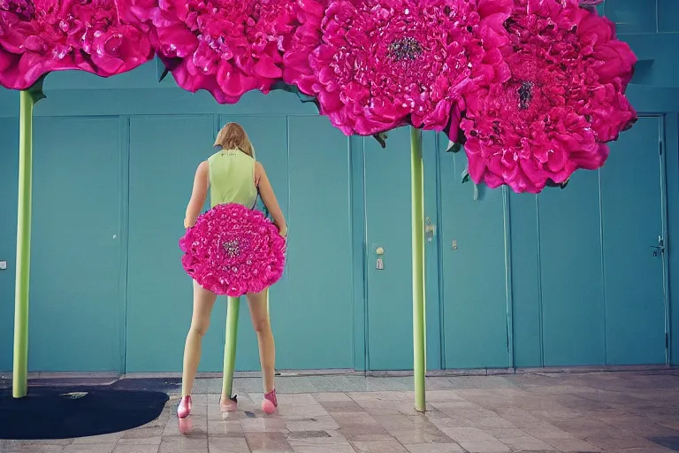 Image similar to giant flower head, girl walking in hotel, surreal, symmetry, flat space, fanciful, colourful, detailed, wes anderson