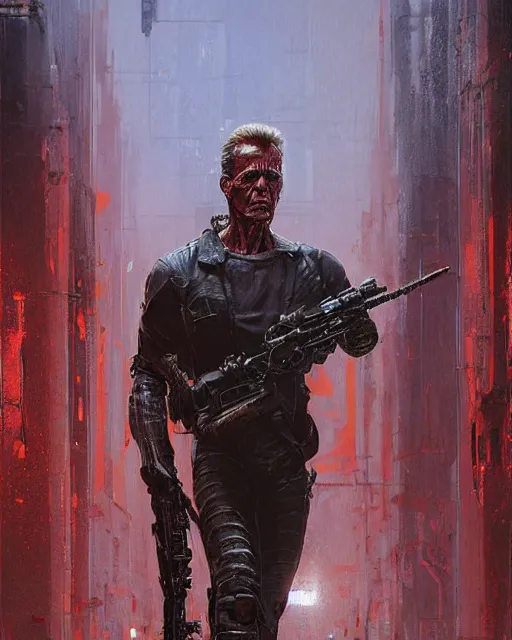 Image similar to a highly detailed epic cinematic concept art CG render digital painting artwork: The terminator. By Greg Rutkowski, in the style of Francis Bacon and Syd Mead and Norman Rockwell and Beksinski, open ceiling, highly detailed, painted by Francis Bacon and Edward Hopper, painted by James Gilleard, surrealism, airbrush, Ilya Kuvshinov, WLOP, Stanley Artgerm, very coherent, triadic color scheme, art by Takato Yamamoto and James Jean