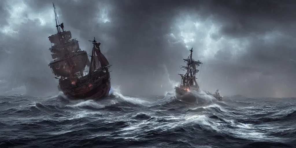 Prompt: a wooden big ship in the middle of the sea during a storm, turbulent sea, high coherence, highly detailed, high quality, 8 k, dramatic lighting, cinematic, epic scene, path traced, hyperrealistic, concept art, octane render, unreal engine 5, trending on artstation, a red cross in the ship flag, high contrast