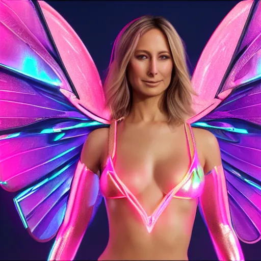 Image similar to neon fluorescent, iridescent young stacy keibler wearing skimpy outfit with fairy wings cyperpunk 2 0 7 7, unreal engine 5, 8 k ultra realistic, hyperdetailed, volumetric lighting, extremely high quality