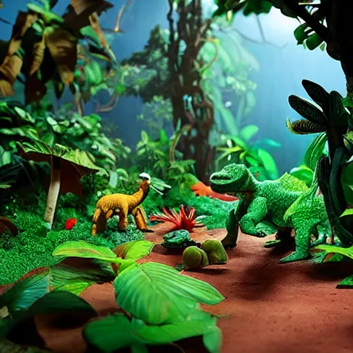 Image similar to A claymation scene of highly detailed hyper real Jungle, vines, trees, birds, flowers, dappled light, lens flare, “Stegosaurus made of plasticine”