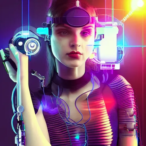 Image similar to a cyberpunk girl with a scifi neuralink device on her head