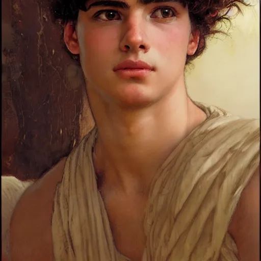 Prompt: portrait of 19 year old Antinous in ancient Greece, (SFW) safe for work, photo realistic illustration by greg rutkowski, thomas kindkade, alphonse mucha, loish, norman rockwell
