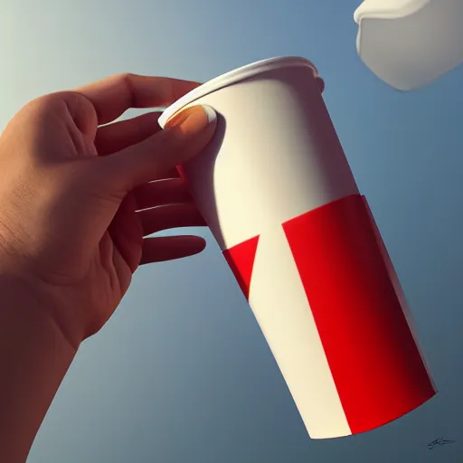 Image similar to white paper cup with red strip as a character!!!, hyperrealistic, highly detailed, cinematic, volumetric sunlight, beautiful, cgssociety, artstation, 8 k, oil painting by greg rutkowski, by artgerm, by wlop