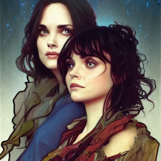 Image similar to amazing lifelike award winning pencil illustration of Winona Ryder and Christina ricci trending on art station artgerm Greg rutkowski alphonse mucha cinematic