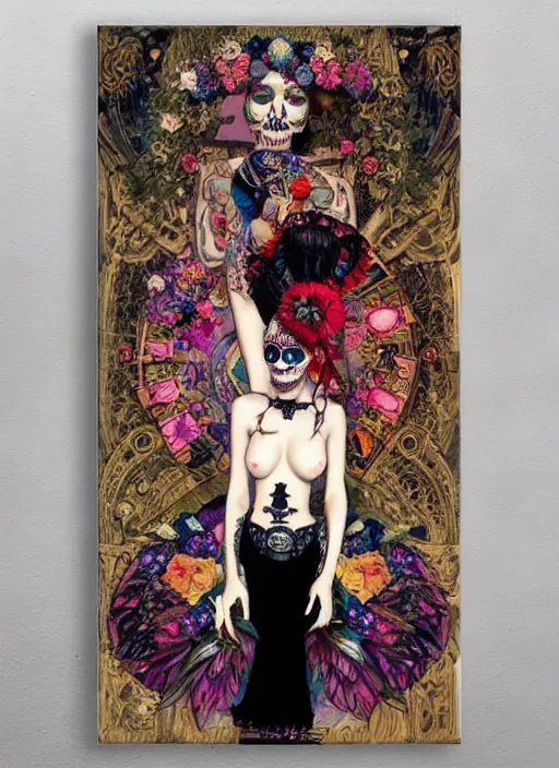 Image similar to cute punk goth fashion fractal Día de los Muertos tattooed girl posing in goth outfit by by Mario Testino, psychedelic poster art of by Victor Moscoso Rick Griffin Alphonse Mucha Gustav Klimt Ayami Kojima Amano Charlie Bowater, masterpiece