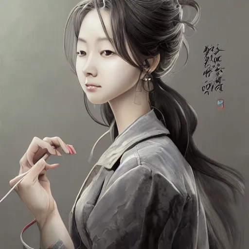 Image similar to dynamic composition, motion, ultra-detailed, incredibly detailed, a lot of details, amazing fine details and brush strokes, colorful and grayish palette, smooth, HD semirealistic anime CG concept art digital painting, watercolor oil painting of a young office lady, by a Chinese artist at ArtStation, by Huang Guangjian, Fenghua Zhong, Ruan Jia, Xin Jin and Wei Chang. Realistic artwork of a Chinese videogame, gradients, gentle an harmonic grayish colors.