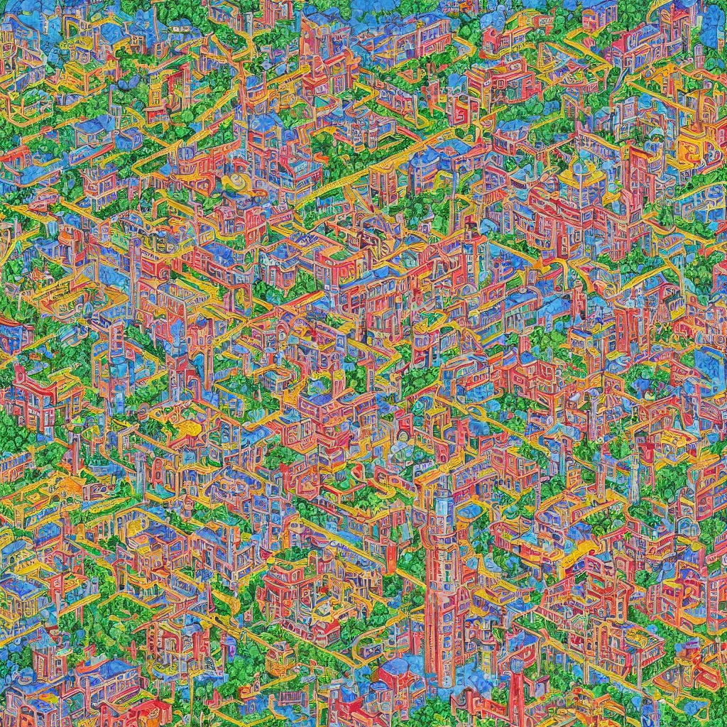 Image similar to a Where's Waldo puzzle of a chinese prison by bosch and lisa frank, ornate, beautiful, bold colors, detailed, high resolution, realistic, intricate