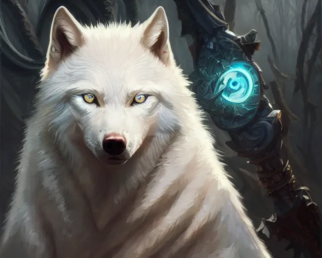 Image similar to albino wolf with blue eyes, deep focus, d & d, fantasy, intricate, elegant, highly detailed, digital painting, artstation, concept art, matte, sharp focus, illustration, hearthstone, art by artgerm and greg rutkowski and alphonse mucha