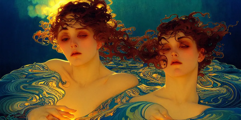 Image similar to transcendent mind bending indigo waves of glossy psychedelic liquid honey flowing like kaleidoscopic translucent amber, lsd waves, honey ripples, enlightenment, dramatic professional lighting, refracted sunset lighting, art by collier, albert aublet, krenz cushart, artem demura, alphonse mucha