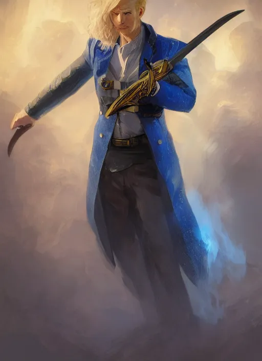 Image similar to portrait of a man in a blue suit with blond hair holding a sword and pistol in holster, fantasy, d & d, heartstone, digital painting, volumetric light, intricate, sharp, focus, bloom, illustration, highly detailed, concept art, matte, ruan jia, randy vargas, greg rutkowski