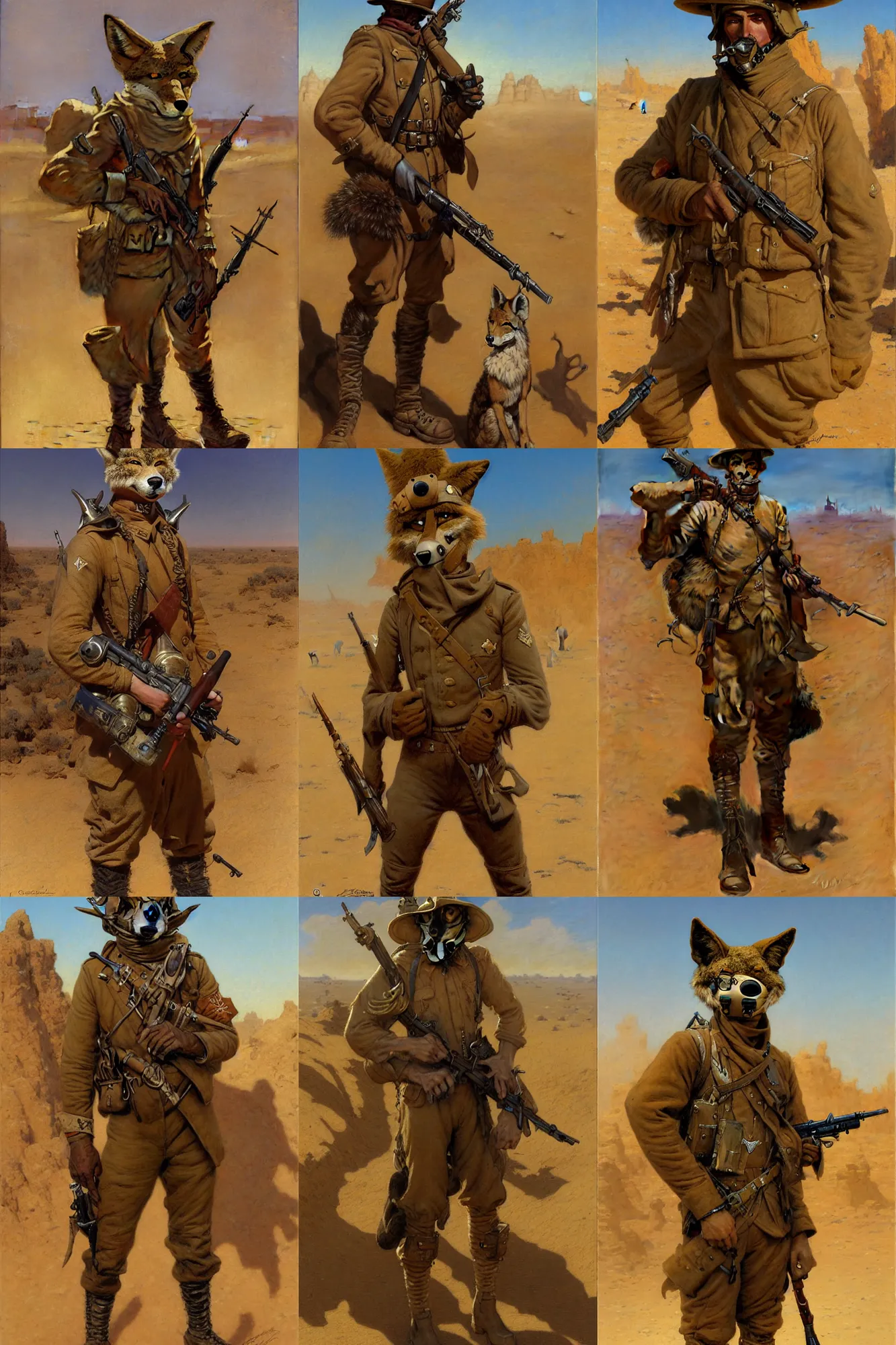 Prompt: anthropomorphic furry coyote soldier in a desert wasteland during world war 1, character design, painting by gaston bussiere, craig mullins, j. c. leyendecker, tom of finland