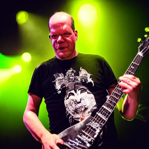 Prompt: olaf scholz playing in death metal band, concert photography, gig