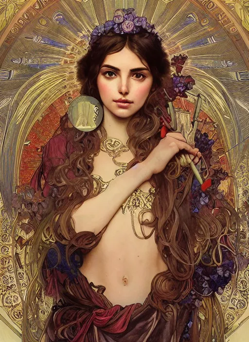 Image similar to Ana de Armas as God of Beauty, cute, fantasy, intricate, elegant, highly detailed, digital painting, 4k, HDR, concept art, smooth, sharp focus, illustration, art by alphonse mucha,artgerm, H R Giger