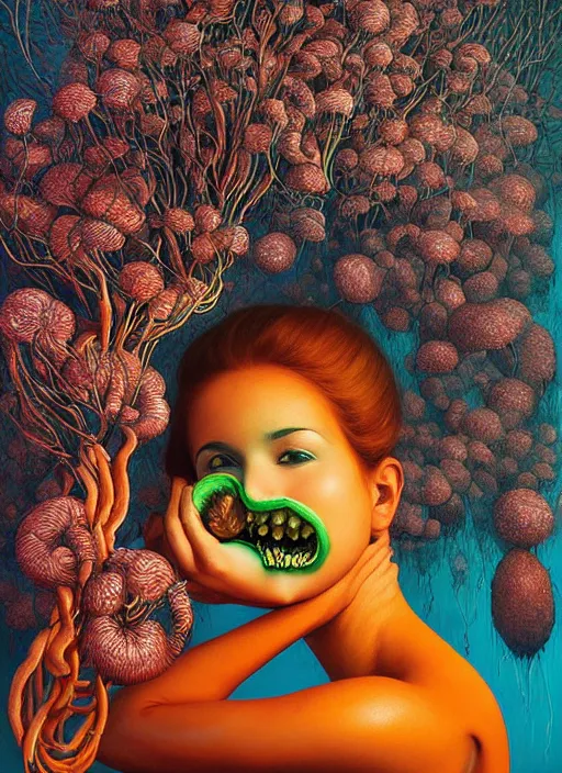 Image similar to hyper detailed Oil painting - Aurora (Singer) Eats of the Strangling Fruit and Her gossamer polyp blossoms bring iridescent fungal flowers whose spores black the foolish stars by Jacek Yerka, Mariusz Lewandowski, Abstract brush strokes, Masterpiece, Edward Hopper and James Gilleard, Zdzislaw Beksinski, Mark Ryden, Wolfgang Lettl, hints of Yayoi Kasuma