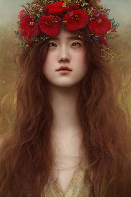 Prompt: Pre-raphaelite portrait painting of a beautiful asian girl with freckles, wearing a flower headpiece made of red poppies, long flowy hair, surrounded by big flowers, porcelain skin, cinematic lighting, photo realistic, highly detailed, maya, digital painting, artstation, concept art, sharp focus, illustration, by Mucha