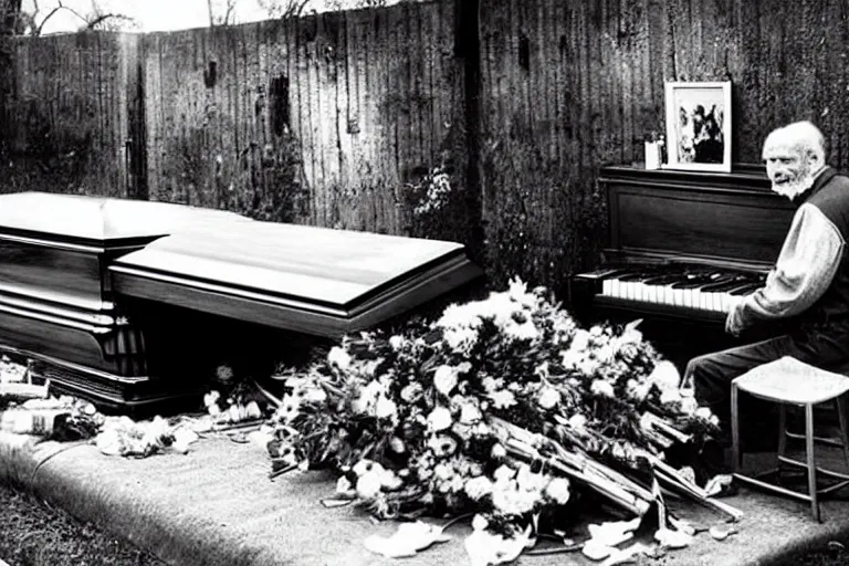 Image similar to a creepy old man playing a piano in the shape of a casket, with other caskets piled up in the back