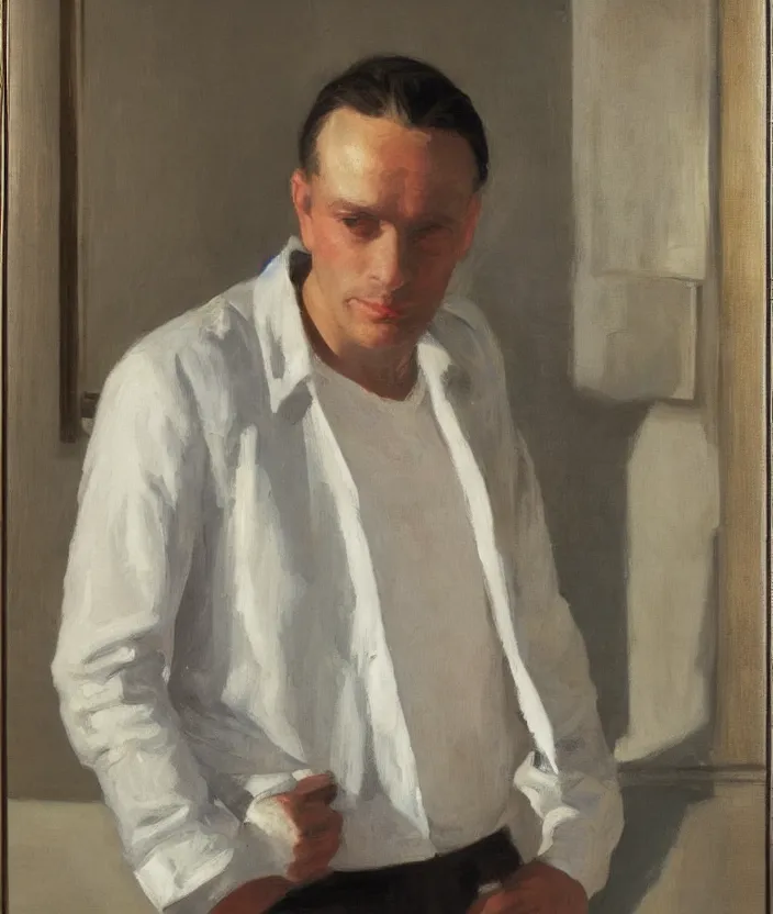 Prompt: a very detailed portrait of a man in a white shirt and a leather jacket over his shoulder, the man is wearing a lot of silver necklaces, in the style of edward hopper and oswald hornby joseph birley, very small brushstrokes, 4 k,