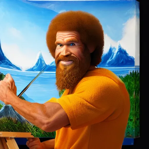 Image similar to a closeup photorealistic photograph of bob ross working on a canvas painting of aquaman. film still. brightly lit scene. mountains and trees. this 4 k hd image is trending on artstation, featured on behance, well - rendered, extra crisp, features intricate detail, epic composition and the style of unreal engine.