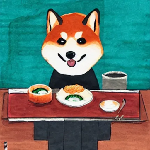 Prompt: A polite shiba inu eating sushi in a Koma room, very beautiful, watercolor