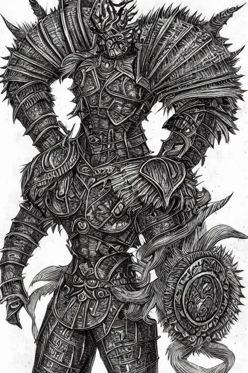 Image similar to armoured warrior thistle monster, symmetrical, highly detailed, digital art, thistle themed armour, sharp focus, trending on art station, kentaro miura manga art style