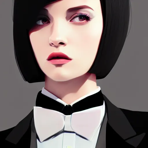 Image similar to young female in black tuxedo, corporate boss, luxury, muted colors, matte print, pastel colors, 2d, ultra highly detailed, smooth, sharp focus, digital art, digital painting, fan art, elegant, artstation, head is centered, by Ilya Kuvshinov