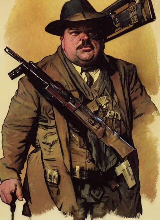 Prompt: gk chesterton as a mercenary with muscles and a shotgun. portrait by james gurney and craig mullins and alphonso mucha. realistic face. expressive face.