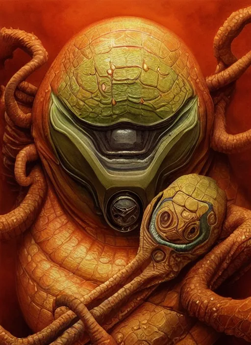 Image similar to aquatic mf doom reptile eyes, orange skin. intricate, elegant, highly detailed, centered, digital painting, artstation, concept art, smooth, sharp focus, illustration, artgerm, tomasz alen kopera, peter mohrbacher, donato giancola, joseph christian leyendecker, wlop, frank frazetta