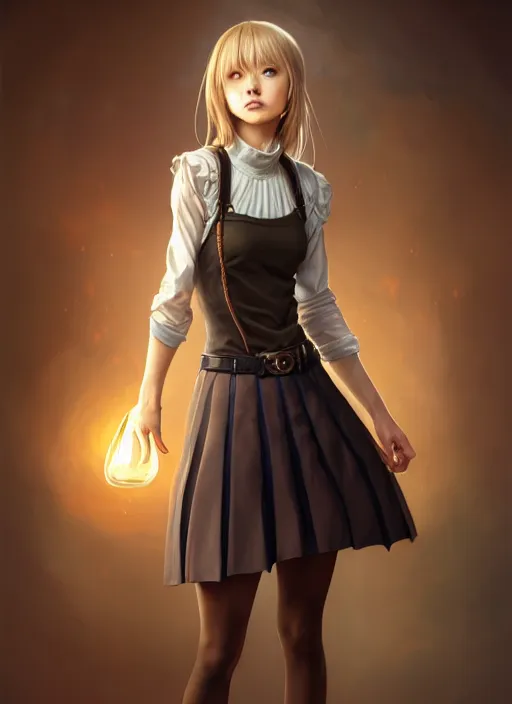 Image similar to portrait of a full body of beautiful young female detective, d & d, sleeveless turtleneck, pleated skirt, fantasy, flat lighting, intricate, highly detailed, digital painting, artstation, concept art, smooth, sharp focus, illustration, misa amane, art by simon bisley and greg rutkowski and alphonse mucha, natural tpose