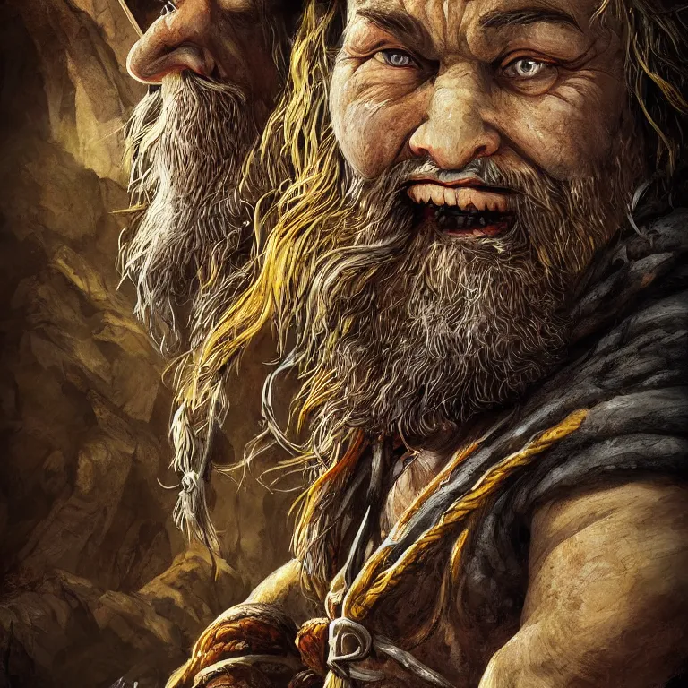 Prompt: dwarf warrior in mountains, lord of the rings style, poster, character portrait, portrait, close up, concept art, intricate details, highly detailed, full body, 8 k