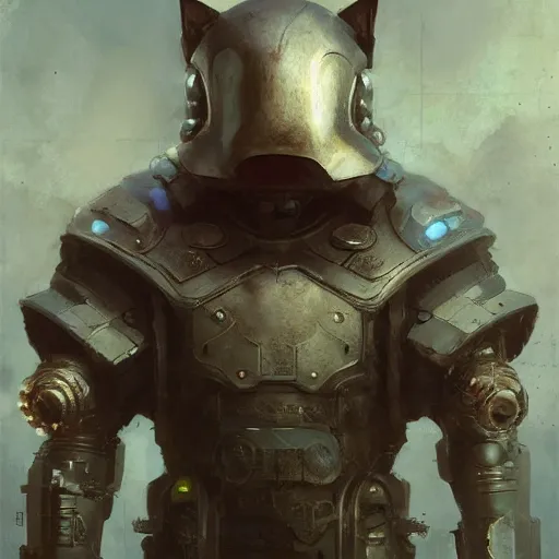 Prompt: digital painting detailed ultrarealistic cyberpunk armor with cat shaped helmet, craig mullins, vallejo, moebius, ian miller, wayne barlowe, greg rutkowski, mucha, brian froud, cinematic, full shot, symmetric