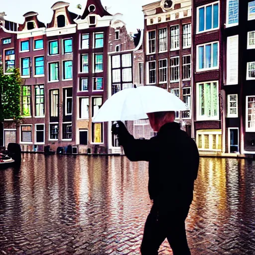 Prompt: man taking beautiful pictures with his cell phone in amsterdam on a light rainy day, photorealistic, dynamic light, ultra detailed