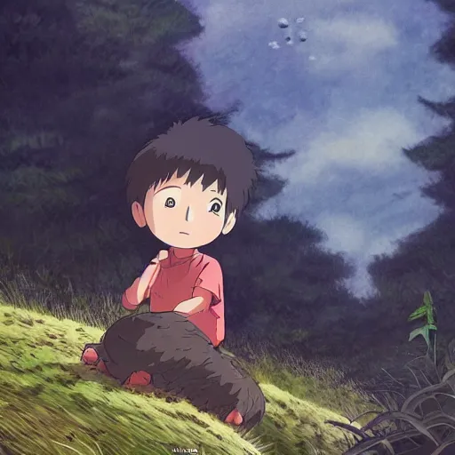 Image similar to friendly guy and small creature , with Fragile looking character portrait face made by Studio Ghibli highly detailed art, beautiful scene, sharp focus, smooth, 8k, anime art, wild, dark, fantasy, peaceful , in the hood