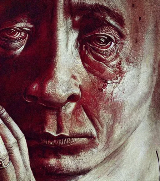 Image similar to Portrait painting of Vladimir Putin crying and suffering in a style of Beksinski.