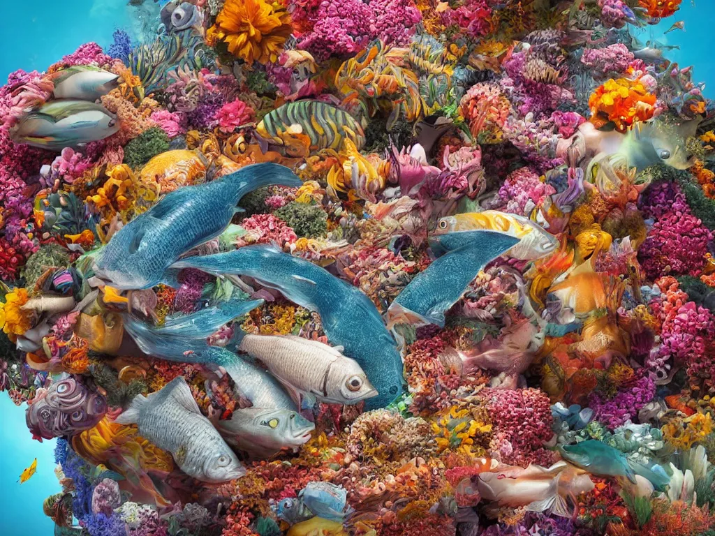 Image similar to a sculpture of fish ocean intertwined, a lovely cornucopia of flowers and human body parts, body parts, highly detailed, octane render, cinematic, shock, sharp focus, ball