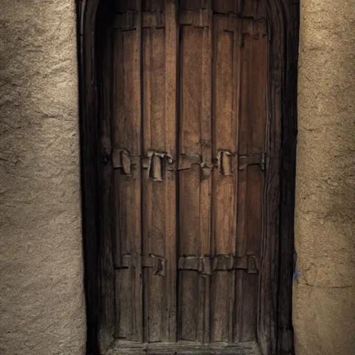 Prompt: A door with a sleeping person hangs on loops, medieval style, dramatic lighting