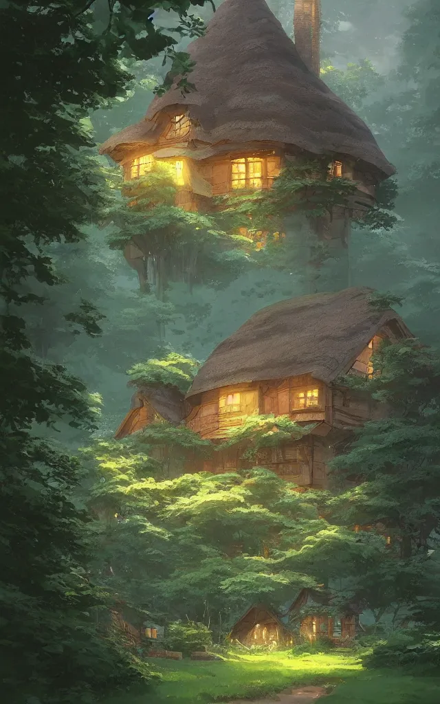 Image similar to Stunning cottage, solar, lush, forest, beautiful, by Studio Ghibli and Greg Rutkowski, artstation