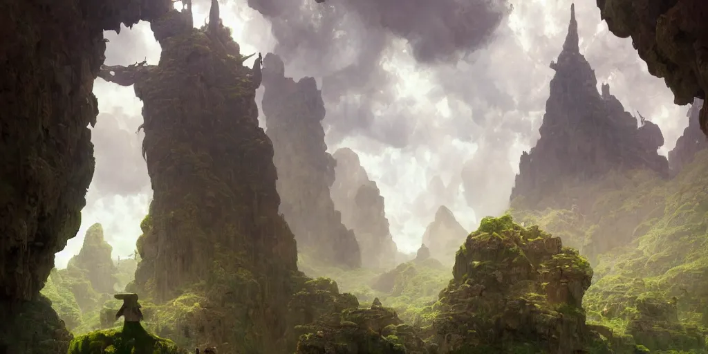 Prompt: huge cave ceiling towns, villages castles buildings bytopia planescape clouds made of green earth inverted upsidedown mountain surreal dreamlike inception artstation illustration sharp focus sunlit vista painted by ruan jia raymond swanland lawrence alma tadema zdzislaw beksinski norman rockwell tom lovell alex malveda greg staples