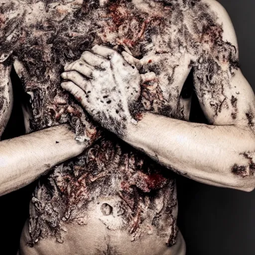 Prompt: ultra detailed photo of a man with many moldy arms covering his entire body