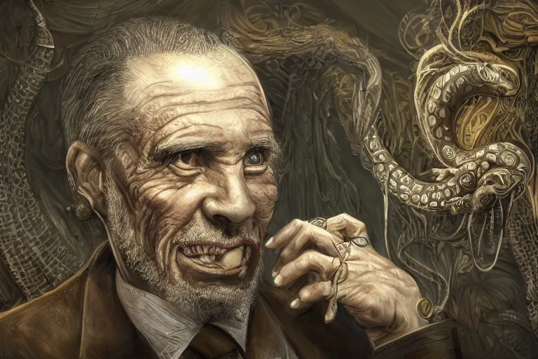 Image similar to Uncle Aloysius, snake oil salesman, wild west crypto pharmaceutical industrialist, cute, fantasy, intricate, elegant, highly detailed, digital painting, 4k, HDR, concept art, smooth, sharp focus, illustration, art by H R Giger