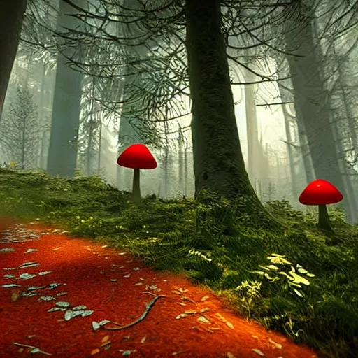 Image similar to unreal engine 5, magical forest covered with fly agaric, there is a fox with two cubs, light magical fog