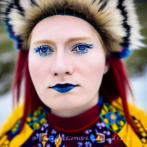 Image similar to symmetry!! portrait photograph of an extremely beautiful!!!! young blonde scandinavian woman with symmetric face. with a very detailed raven!!! on her shoulder. wearing traditional greenlandic national colorful costume or kalaallisuut. in iceland. petzval lens. shallow depth of field. on flickr, art photography,